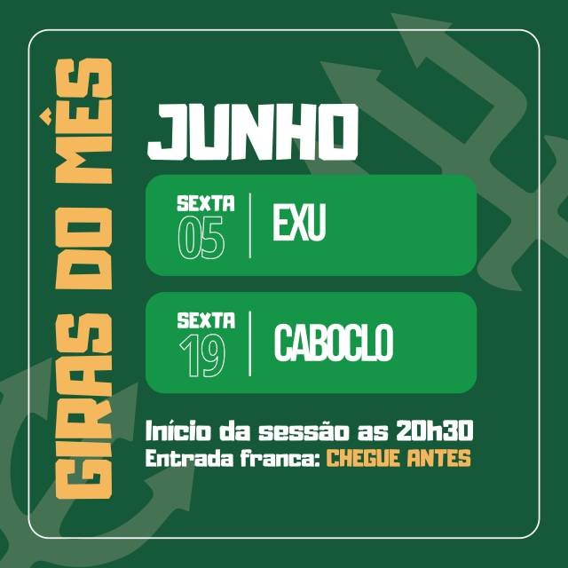 Junho chegou e a gira já tem encontro marcado!Venha fortalecer sua fé, receber orientação espiritual e participar de mais uma noite de luz, energia e axé.📅 05/06 (sexta-feira) | Gira de Exu
📅 19/06 (sexta-feira) | Gira de Caboclo
🕣 Início às 20h30
🎟️ Entrada franca (chegue antes)Que os caminhos se abram e que a espiritualidade conduza cada passo com proteção e sabedoria. 🕯️🙏#GiraDoMês #Umbanda #Exu #Caboclo #PovoDeAxé Fé Espiritualidade Axé Caridade UmbandaSagrada GiraDeExu GiraDeCaboclo Terreiro CorrenteDeLuz Mediunidade SalveExu SalveOsCaboclos Saravá EntradaFranca Junho2026