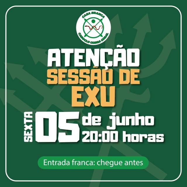 Nesta sexta-feira, 05 de junho, às 20h, acontece a Sessão de Exu na Casa Branca Carboclo Cobra Coral.✨ Entrada franca
⏰ Chegue antes para garantir seu lugar e participar desde o início dos trabalhos.Um momento de fé, força e conexão espiritual para quem busca orientação, proteção e abertura de caminhos.📍 Esperamos por você!#SessaoDeExu #Exu #CasaBranca #CarbocloCobraCoral #Umbanda UmbandaSagrada Axé Fe Espiritualidade GiraDeExu LaroyeExu PovoDeExu ProtecaoEspiritual CaminhosAbertos SextaFeira EntradaFranca AxéSempre ComunidadeUmbandista Caridade LuzEAxé 🕯️🐍✨