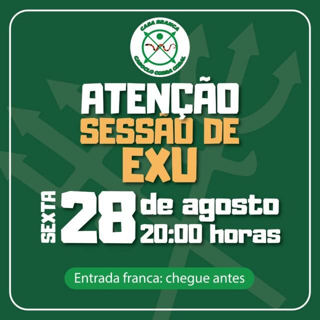 🗝️ EXU É CAMINHO, MOVIMENTO E PROTEÇÃO.No dia 28 de agosto, às 20h, o Templo Casa Branca realiza uma sessão dedicada a Exu.Uma noite de força, orientação e abertura de caminhos, em um espaço de fé, respeito e acolhimento.📅 28 de agosto
🕗 20h
📍 Templo Casa Branca
🎟️ Entrada franca: chegue antes.Venha com respeito. Venha com o coração aberto.
Laroyê, Exu! 🔥🗝️#TemploCasaBranca #Exu #LaroyeExu #Umbanda #SessãoDeExu